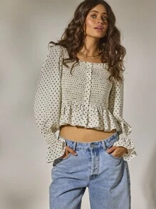 Aralina 秋季斯德哥尔摩风格褶饰纽扣前襟可爱外出办公室长袖波尔卡圆点上衣 - 黑與白 - 查看 12