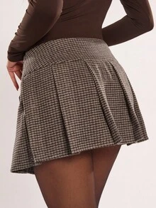 SHEIN BAE 女士时尚格子褶皱 A 字裙，适合通勤 - 咖啡棕 - 查看 2