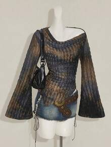 SHEIN ICON 秋季女式西部波西米亚风复古哥特露肩外出扎染印花不对称下摆长袖喇叭袖时尚T恤 - 彩色 - 查看 5