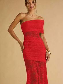 SHEIN BAE 女式纯色蕾丝拼布不对称领口连衣裙 - 紅色 - 查看 7