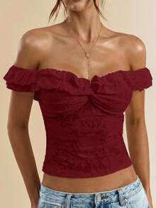 SHEIN BAE 女式白色纹理针织露肩双荷叶边前扭纹紧身上衣，夏季衬衫 - 酒紅色 - 查看 4