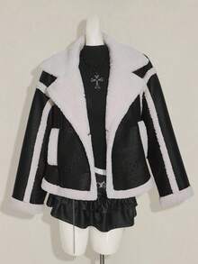 SHEIN ICON Damen Schwarze und Weiße Lässige Locker Kragen Langarm Einreihige Jacke, Herbst/Winter - Schwarz und Weiss - Übersicht 9