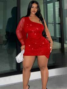 Slaydiva Vestido de Moda Ajustado com Ombro Único, Manga Lanterna e Malha Sequinada de Cor Sólida para Mulheres Plus Size - Vermelho - Visão 4