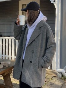 DAZY Áo khoác len dáng rộng màu trơn thường ngày dành cho nữ có ve rộng, áo khoác nữ thu/đông - Xám - Xem 4
