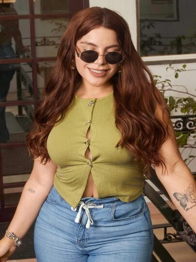 Lupita Cardoza Women's Army Green Jacquard Knit Tank Top With Butterfly Buttons Decoration And Side Slit,New Years Women Outfit,Winter Clothes For Women,Birthday Ouifit For Women,Western Wear Women,Holiday Party Top