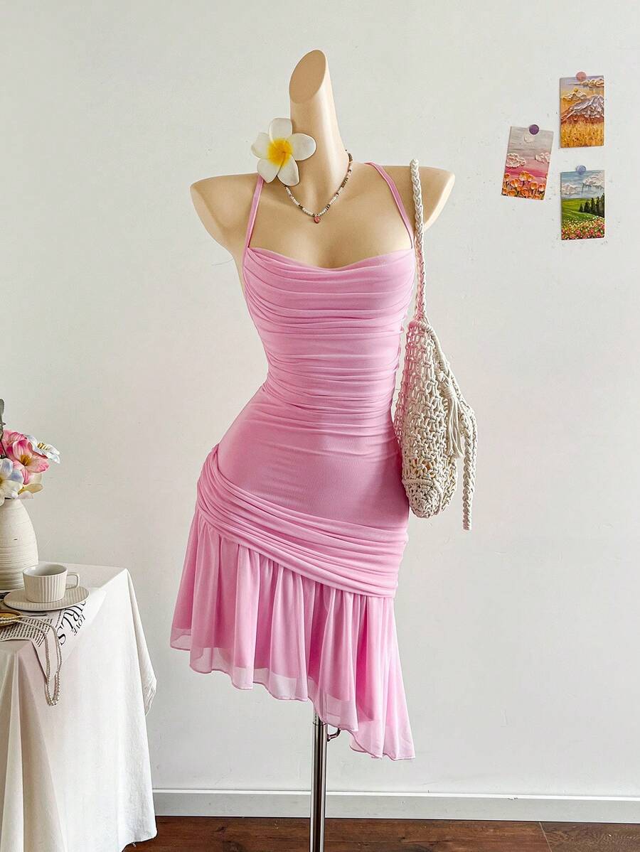Soleia 女式纯色褶饰不对称下摆时尚细肩带迷你连衣裙，夏季 - 淺粉色 - 查看 1
