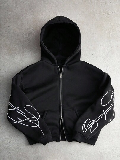 PAVTROS Felpa con cappuccio e chiusura lampo uomo Manfinity Streetrush, con grafica testuale creativa ricamata e chiusura lampo in metallo, felpa con cappuccio e chiusura lampo da uomo, felpa con grafica e chiusura lampo, felpa con cappuccio e chiusura lampo, felpa con chiusura lampo stile streetwear, giacca nera con grafica, stile anni 2000, autunno inverno