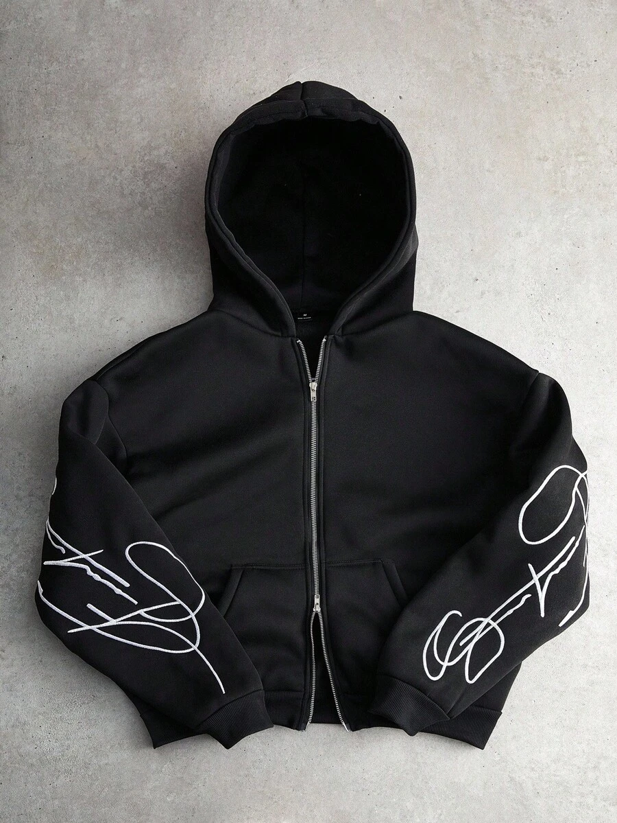 PAVTROS Manfinity Streetrush Men's Creative Text Graphic Embroidered Thermal Lined Metal Zipper Hoodie, Zip Up Hoodie, Streetwear, Black , 2000s Style , Fall Winter, Long Sleeve Top - Black - View 1