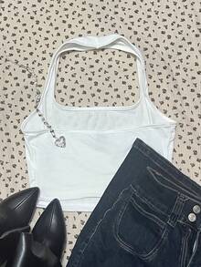 SHEIN EZwear 休闲性感女式白色露背背心，适合夏季