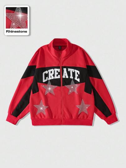 Street Life Men's Patchwork Contrast Color Sparkling Star Pentagram Diamond Zipper Sweatshirt , Fall