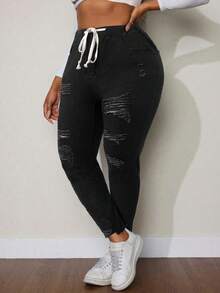 SHEIN SXY Quần Jeans Co Giãn Đa Năng Cỡ Lớn Mùa Đông - màu đen - Xem 1