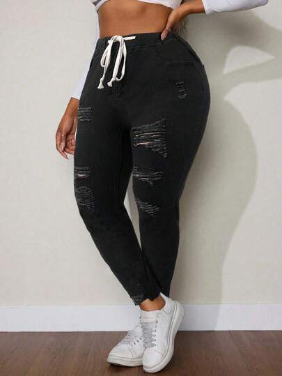 SHEIN SXY Winter Plus Size Elastic Waist Versatile Jeans