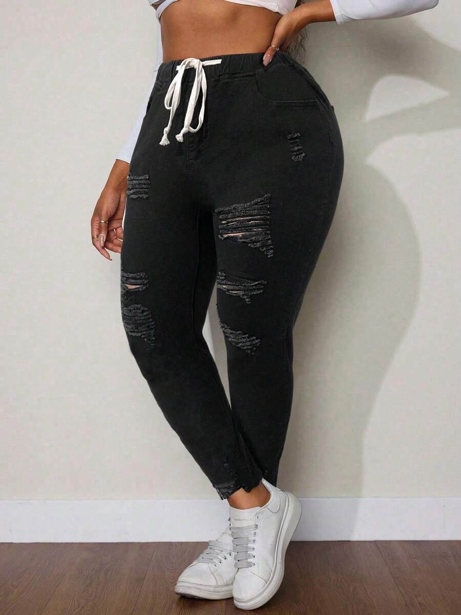 SHEIN SXY Quần Jeans Co Giãn Đa Năng Cỡ Lớn Mùa Đông - màu đen - Xem 1