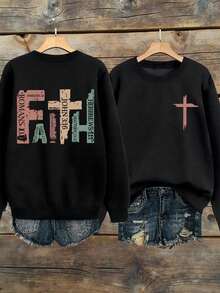 EMERY ROSE Große Größen Sweatshirt mit Glaubens-Slogan-Grafik für Damen, Rundhalsausschnitt, Langarm, Herbst/Winter - Schwarz - Übersicht 1