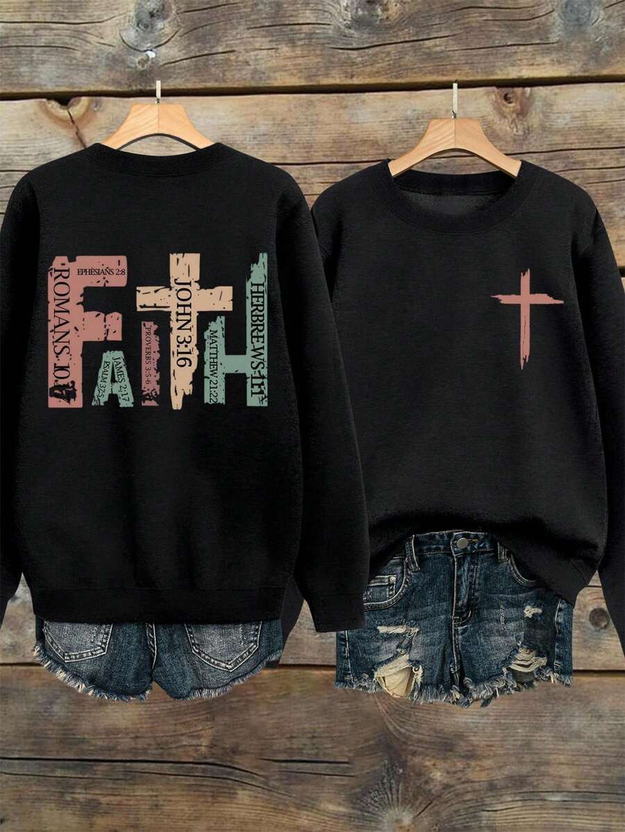 EMERY ROSE Große Größen Sweatshirt mit Glaubens-Slogan-Grafik für Damen, Rundhalsausschnitt, Langarm, Herbst/Winter - Schwarz - Übersicht 1