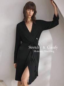 Ocili 舒适光滑浴袍，女士睡衣家居服优雅休闲，秋季 - 黑色 - 查看 1