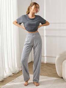 EURMUSE 100%Cotton Heart & Slogan Graphic Tee Short Sleeve & Pants Lounge Set - Grey - View 4