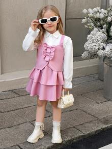 SHEIN Elladie kids 3件套女童时尚蝴蝶结装饰吊带背心搭配白色长袖衬衫和可爱粉色裙子，秋冬套装 - 杏色 - 查看 3