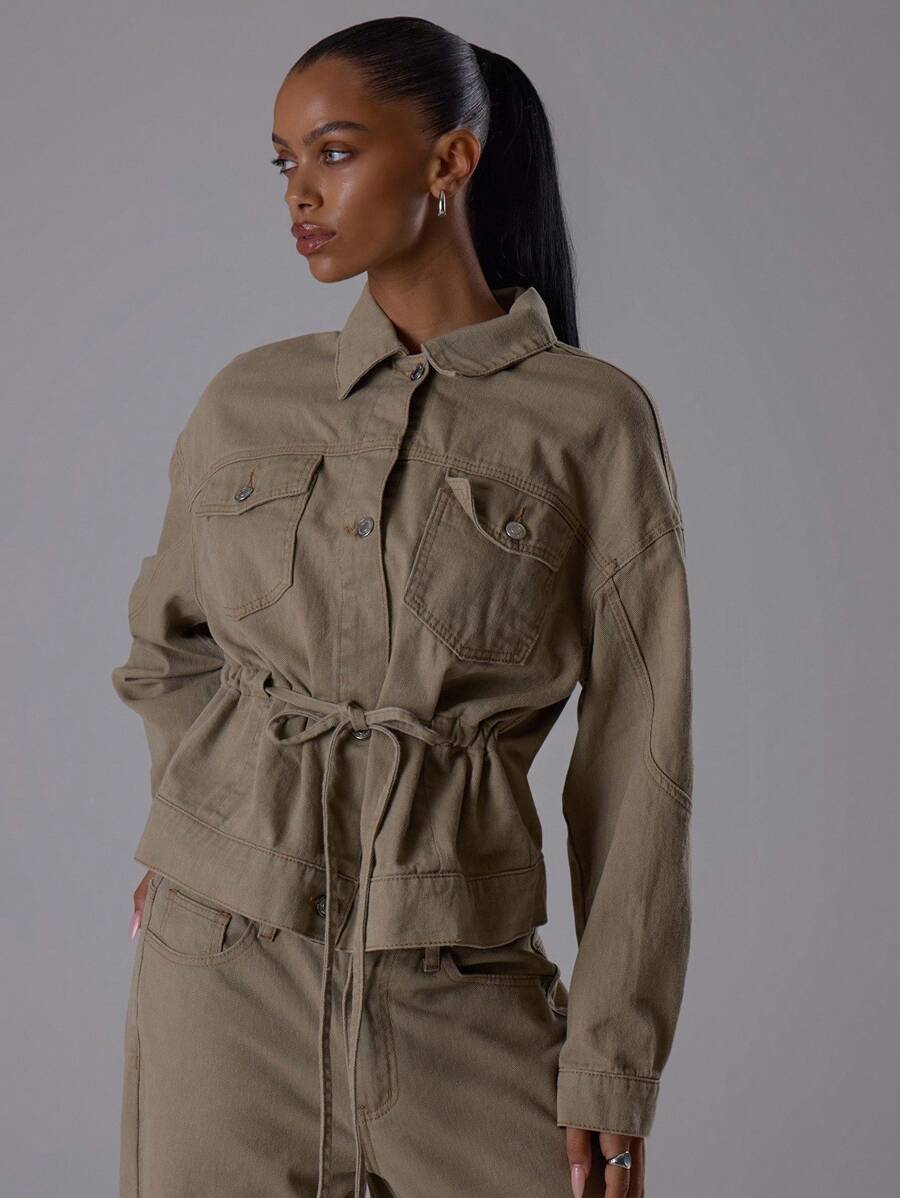 MUSERA 束腰系带前袋细节翻领牛仔夹克，优雅夜生活性感可爱酷女孩街头风，适合冬季派对、春夏穿着。 - 軍綠色 - 查看 1