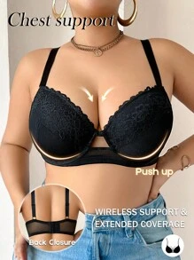 加大码蕾丝拼布网眼薄款文胸，深 V 型性感凸显乳沟女士内衣 - 黑色 - 查看 1