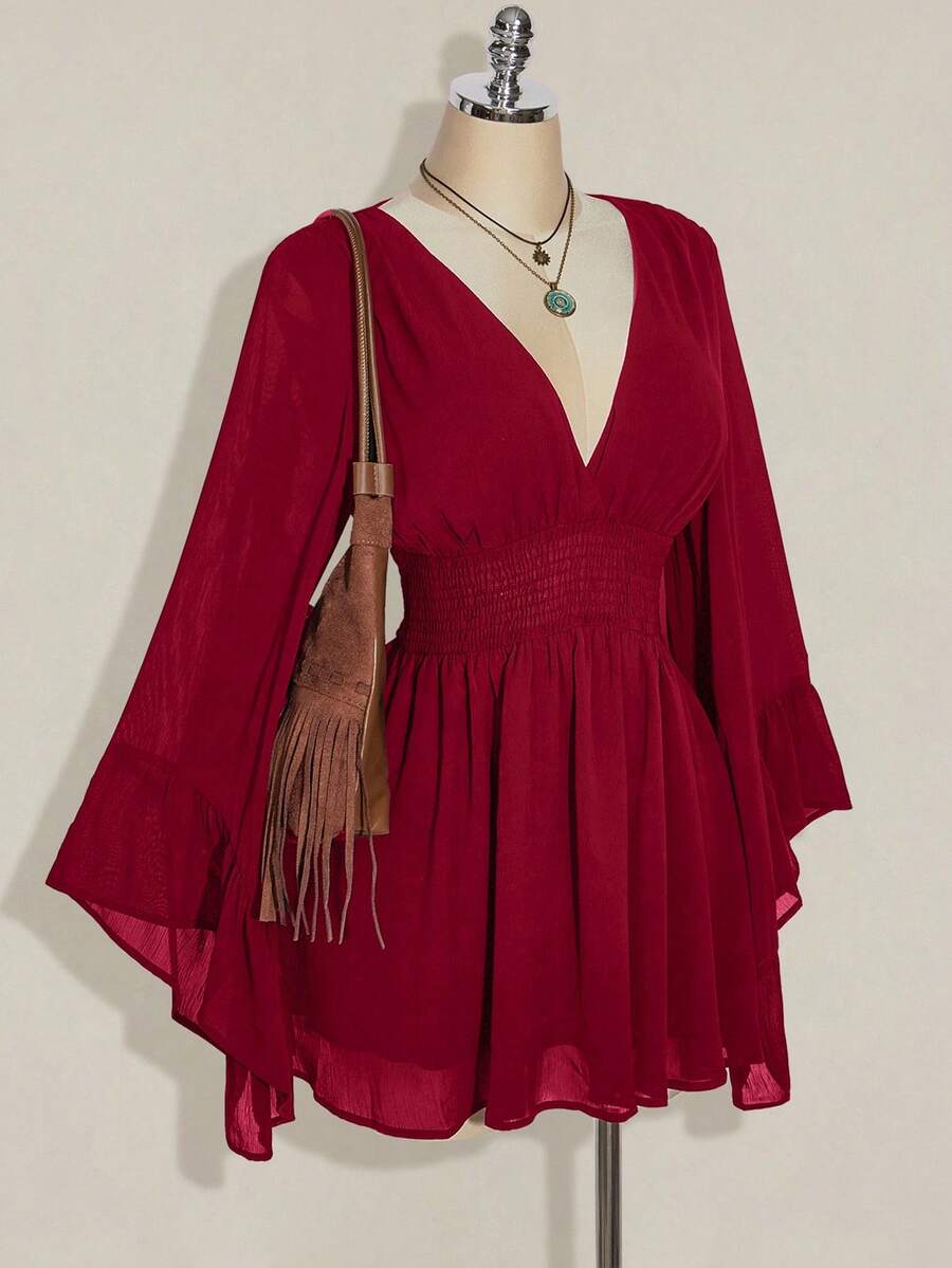 SHEIN ICON Women's Elegant Commuter Solid Color Bell Sleeve Mini Dress - Burgundy - View 1