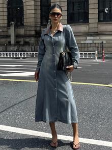 DAZY Vestido de mezclilla casual de mujer con bloque de color de contraste y mangas abultadas, otoño