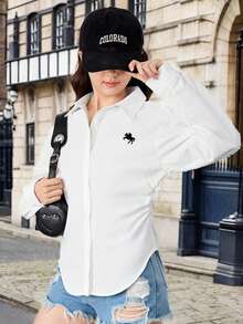 SHEIN 少女白色修身衬衫，弧形下摆，刺绣，学院风衬衫，百搭百搭衬衫，适合青少年 - 白色 - 查看 8