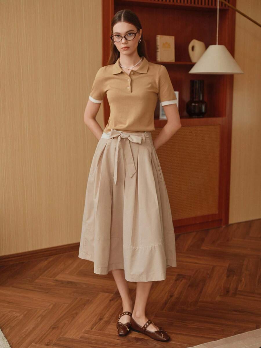 Almamuse تنورة نسائية كاجوال بخطوط منتفخة على شكل حرف A بلون واحد