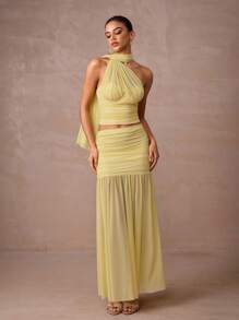 Lumalex Trang phục Thu Đông kín đáo, sang trọng, lấp lánh, dự tiệc, lễ hội, đi chơi, nghỉ dưỡng, phong cách Bohemian, BOHO, ngoài trời, nhiều lớp, mùa cưới, tiệc chiêu đãi, lễ trưởng thành. Bộ 2 món gồm váy lưới dáng suông cổ yếm và ôm sát eo thấp màu vàng dành cho nữ. Bộ hai mảnh màu vàng, bộ váy hai mảnh màu vàng bơ, sang trọng, dự tiệc prom, Giáng sinh và Năm mới. - Màu vàng - Xem 2