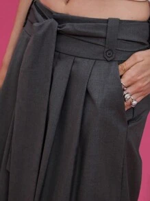 COUREZ Long Line Tailored Shorts With Front Tie /Y2K Going Out Cute Spring Elegant - Grey - View 6