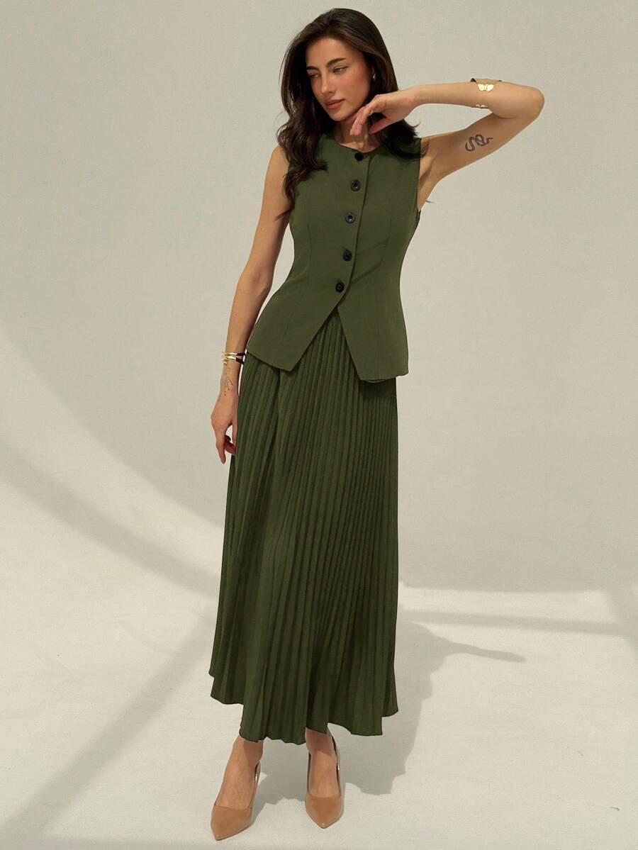 Aloruh Women's Elegant Commuter Solid Color Vest & Pleated Skirt Suit In Fall/Winter - Army Green - View 1