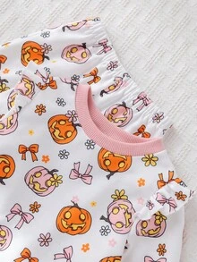 Cozy Pixies 2pcs Baby Girl Halloween Pattern Contrast Color Knit Soft Round Neck Long Sleeve Pullover Hoodie And Elastic Waist Pants Set - Multicolor - View 5