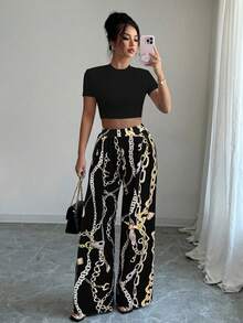 Elenzga 女士纯色圆领短袖上衣和链条印花休闲裤 2 件/套 - 彩色 - 查看 5