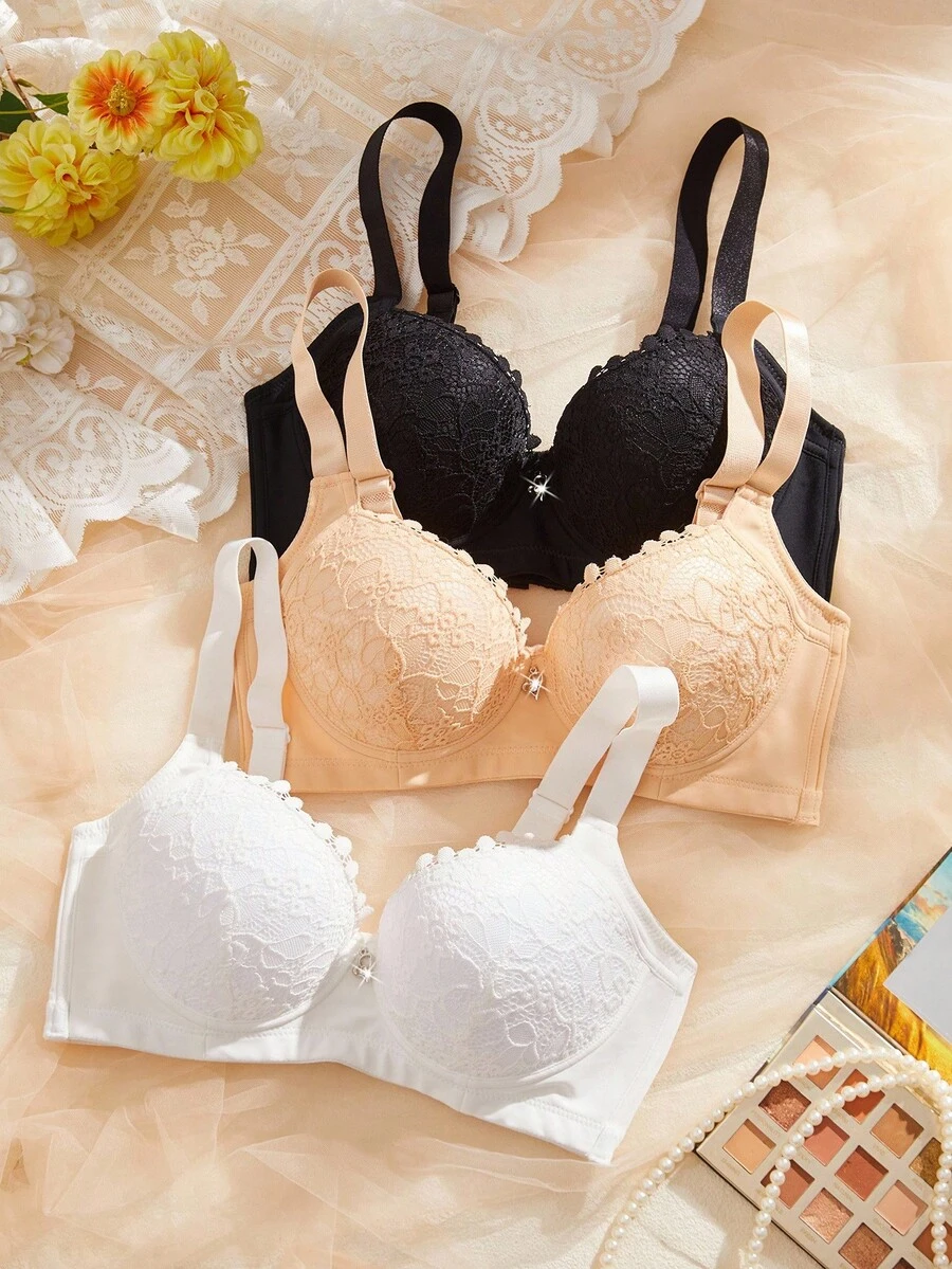 SHEIN 3 peças/Conjunto Sutiã Acolchoado Sem Fio com Renda e Recortes Sexy, Roupa Íntima Casual Confortável para Mulheres