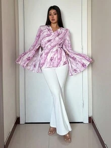 Modelyn Élégante blouse à manches longues pour femmes avec col drapé, fente et poignets à liens, en aquarelle violette