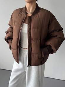 DAZY 纯色罗纹拼接女士棉服外套冬季 - 咖啡棕 - 查看 1