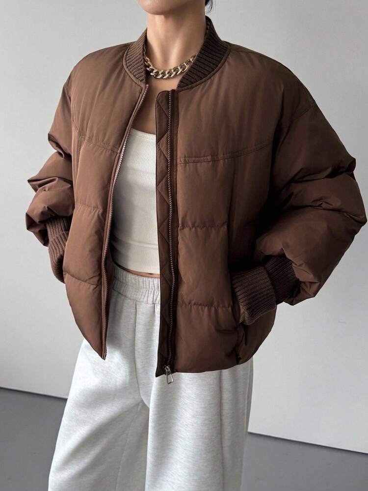 Solid Color Ribbed Patchwork Women Padded Coat Jacket Winter