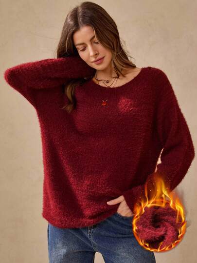 Wildy 女士秋季上衣冬季服装圣诞毛衣基本款毛衣休闲纯色圆领长袖毛衣，秋冬哥特连衣裙红色毛绒毛衣女士红色毛衣毛绒套头衫冬季毛衣女士秋季毛衣女士商务休闲女士老钱风格女士女士毛衣休闲装春季
