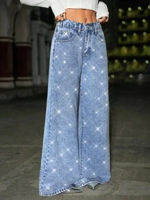 SHEIN 少女水钻装饰宽松蓝色牛仔裤 - 淺色水洗藍 - 查看 6