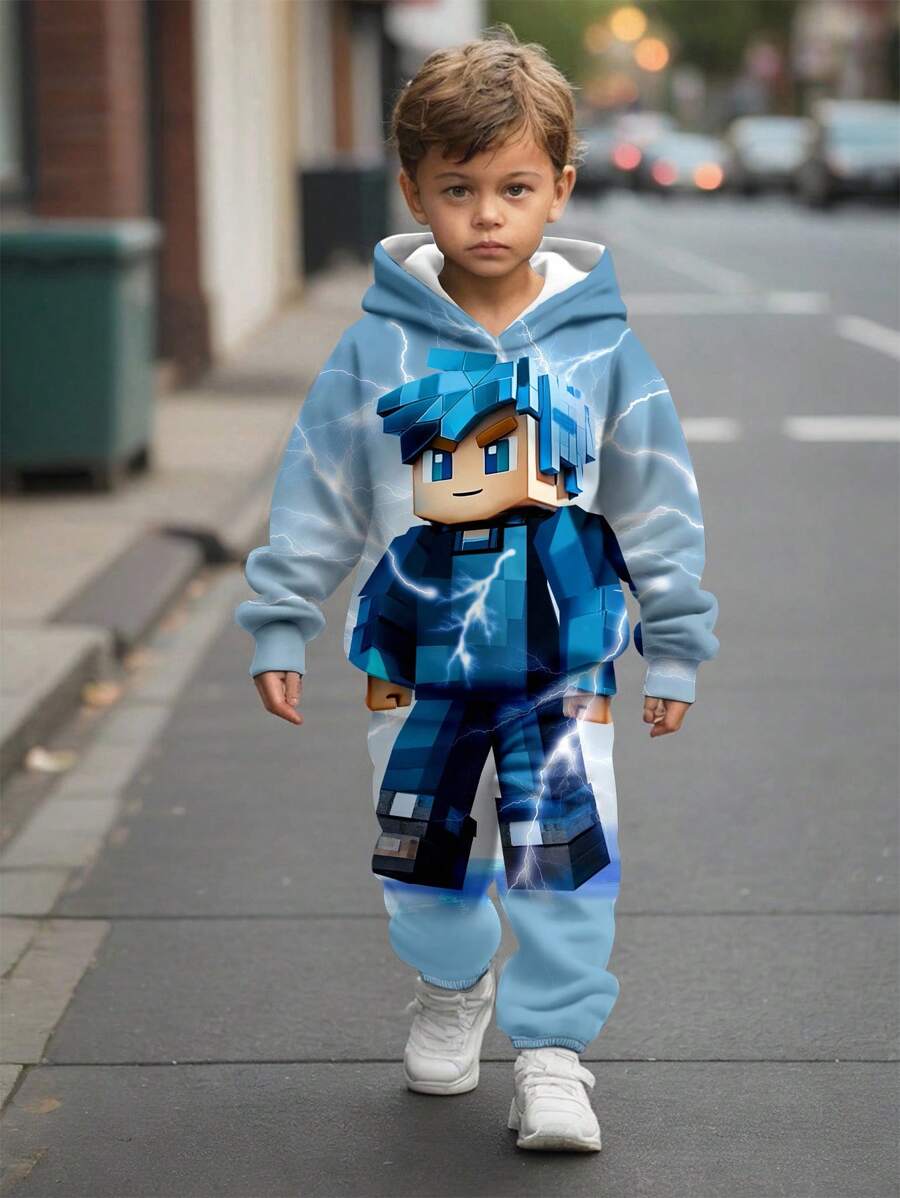 SHEIN 2 件儿童休闲极简主义闪电、蓝色渐变印花连帽衫套装，适合秋冬季 - 彩色 - 查看 1
