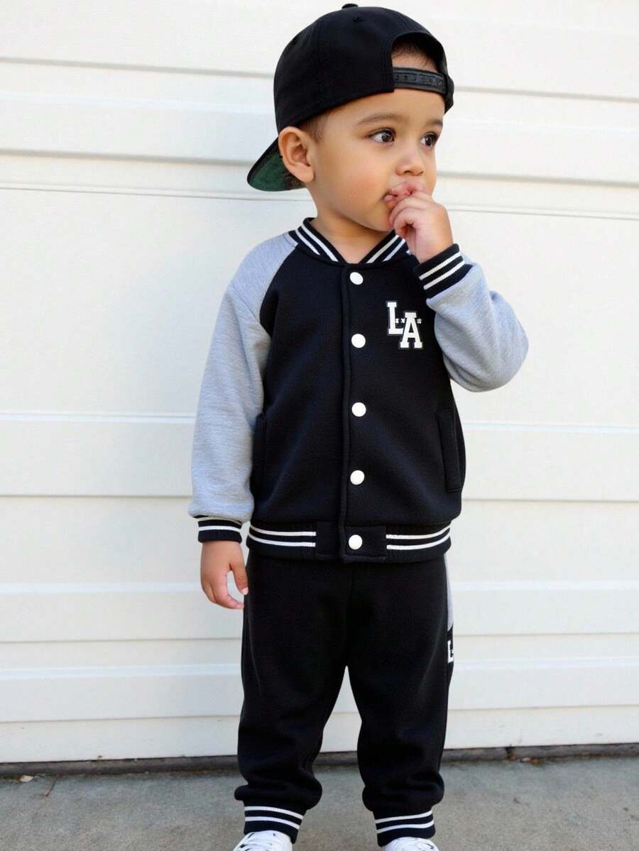Set de chaqueta y pantalones de chándal de 2 piezas para bebés niños, con diseño de bloques de color, mangas raglán, forro térmico grueso y cómodo, para otoño/invierno - Negro - Ver 1