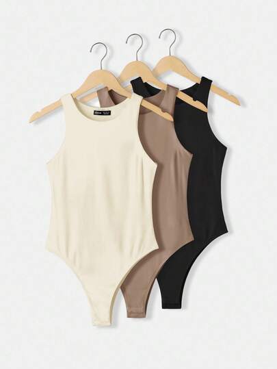 SHEIN BASICS Bộ 3 áo liền quần dệt kim màu trơn không tay cổ tròn thoải mái cho nữ