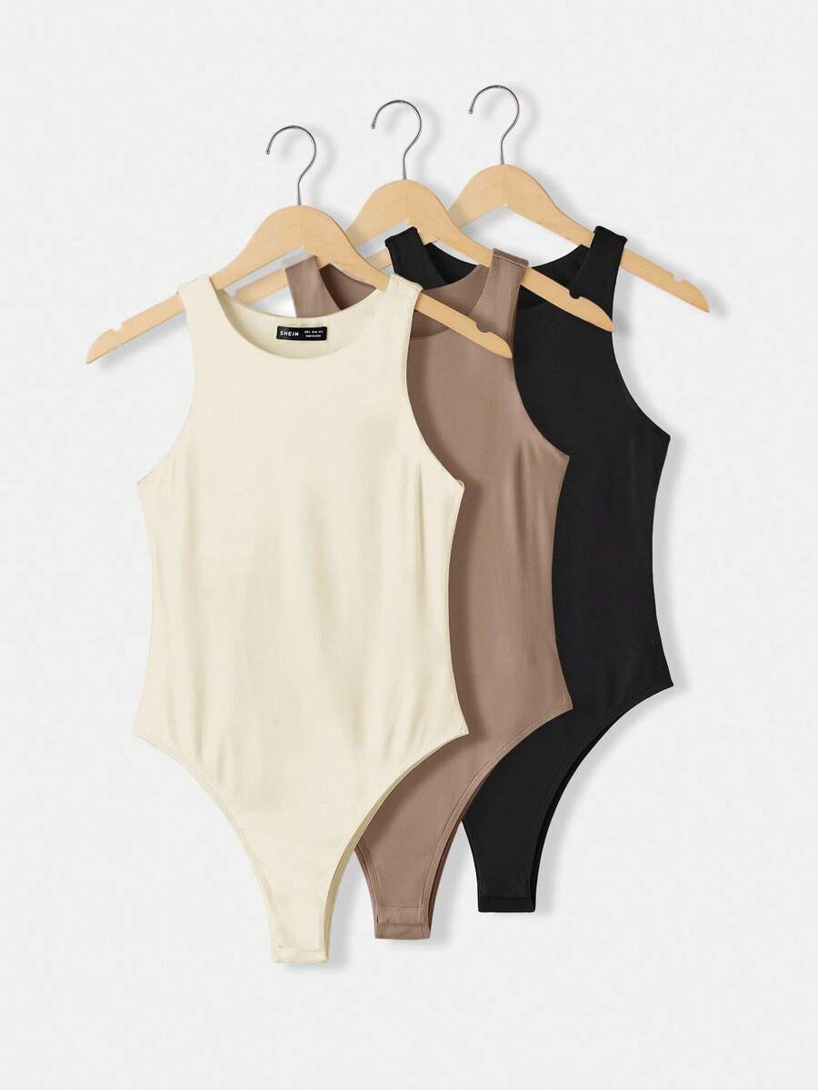 SHEIN BASICS Bộ 3 áo liền quần dệt kim màu trơn không tay cổ tròn thoải mái cho nữ - Nhiều màu - Xem 1