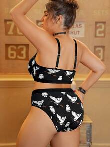 HARRY POTTER X SHEIN Plus Size Black & White Cartoon Hedwig Print Camisole Bra And Panty Set,Basic Comfortable Casual ,Soft,Cute,Kawaii,Sweet