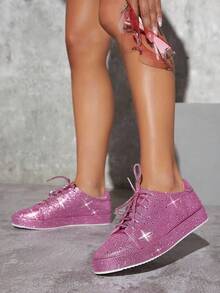 SHUZIA 金屬亮絲繫帶運動鞋 - 玫紅色 - 查看 3