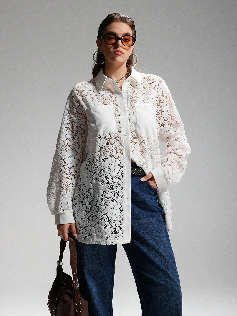 LYSMO Chaqueta ligera y transparente con encaje de contraste para mujer talla grande - Blanco - Ver 1