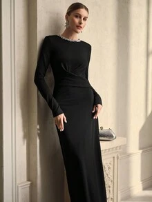 ZEYLAH 女士圆领长袖优雅珍珠装饰扭纹紧身长裙，秋冬 - 黑色 - 查看 1