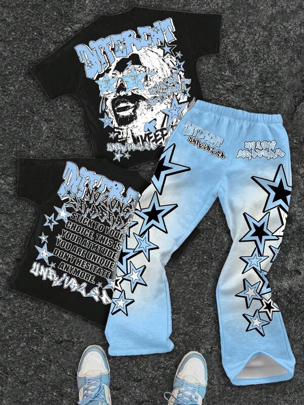 SHEIN Tween Boy Casual Classic Cool Character Portrait & Text Print Crew Neck T-Shirt, Star Print Flare Pants 2 Pieces Set, Suitable For Summer