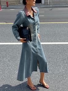 DAZY Vestido de mezclilla casual de mujer con bloque de color de contraste y mangas abultadas, otoño