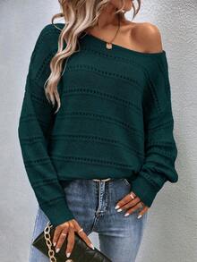 EMERY ROSE Solid Color Crew Neck Casual Pullover Sweater Autumn Cloth For Women Occasion Teal Green - Dark Green - View 8